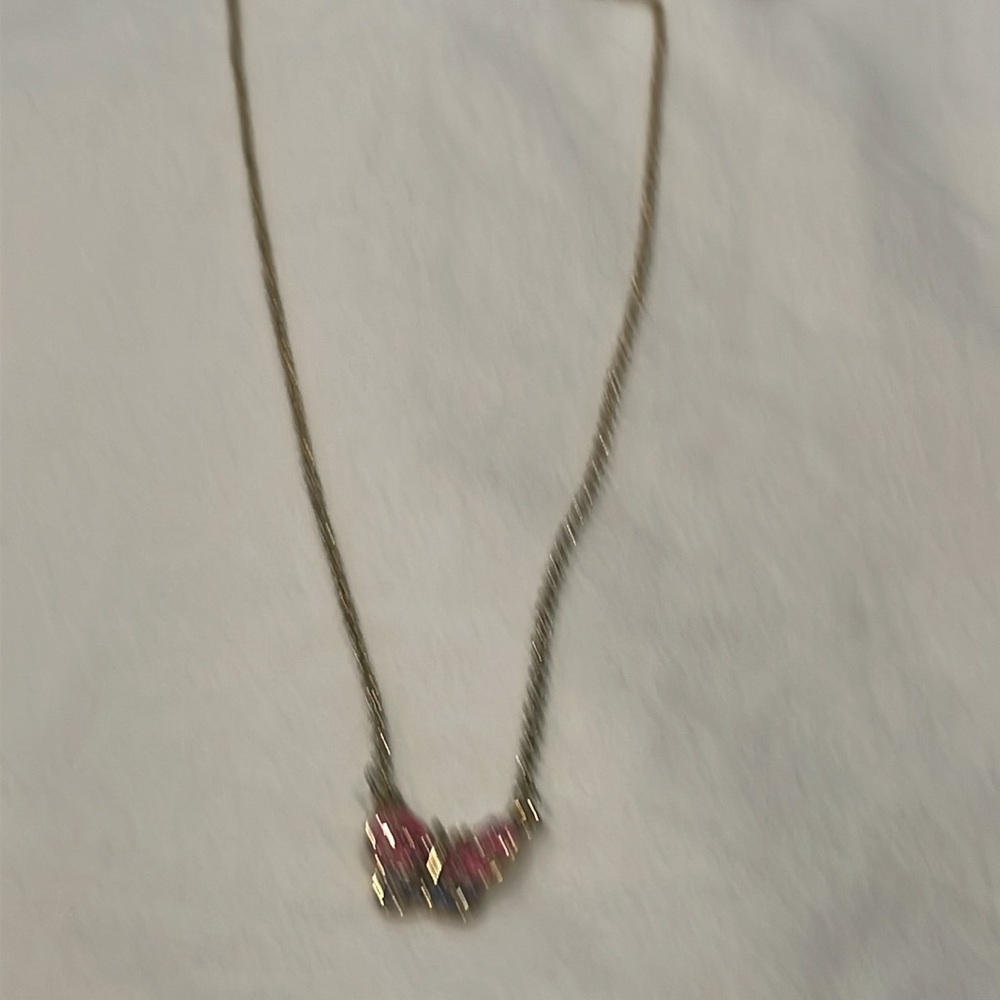 Gold tone pink purple clear cut crystal butterfly pendant necklace with bird ext - Picture 2 of 5